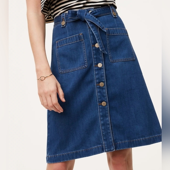 LOFT Belt Tie Denim Front Buttons Skirt Blue Indigo Patch Pockets Boho Western 4 - Picture 9 of 9